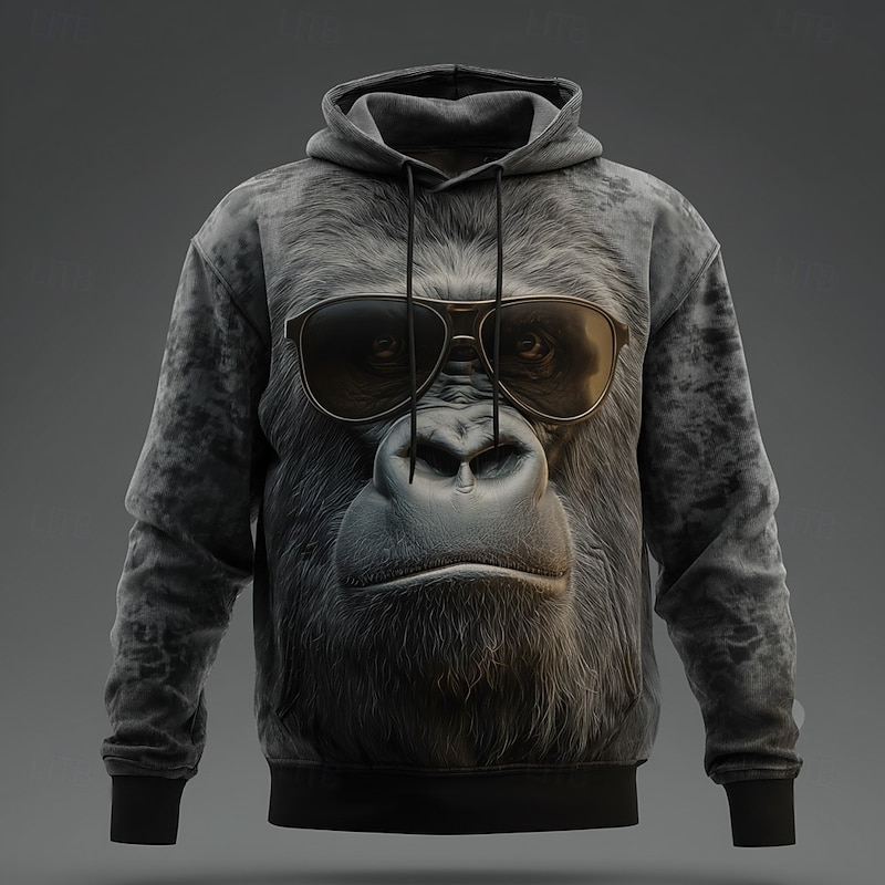 Men's Optical Illusion Gorilla Hoodie Sweatshirt Fashion Cool Crew Neck Home Party Streetwear Black White Drawstring Fall Winter Designer