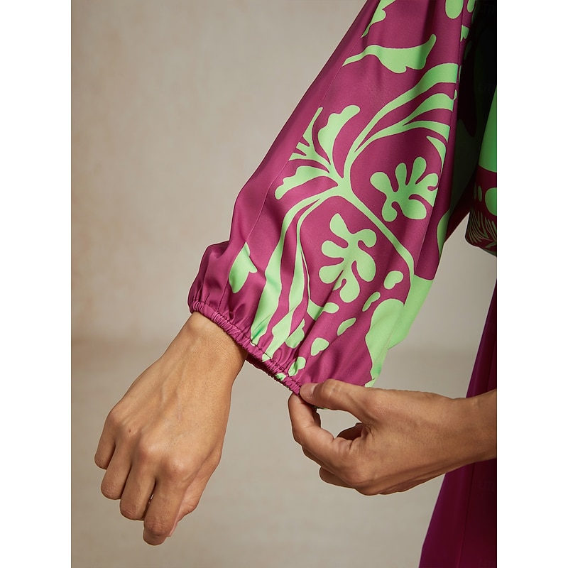 Woman's Top Vivid Fuchsia Vacation Inspired Print Satin Lantern Long Sleeve V Neck Seaside Vacation Casual Leisure Spring Autumn4