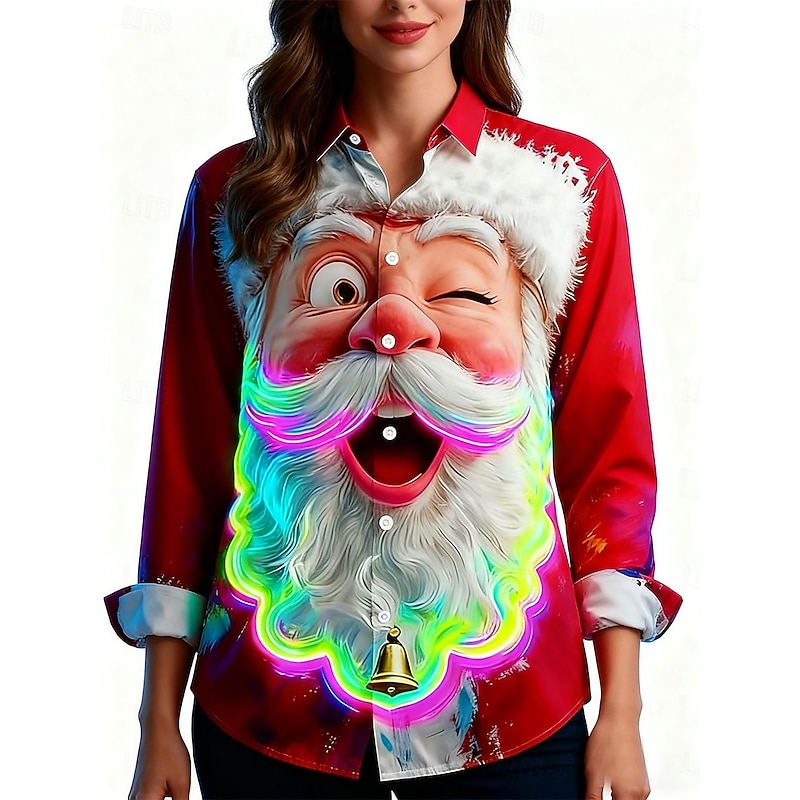Christmas Women's Shirt Graphic Santa Claus Elegant Vintage Stylish Long Sleeve Shirt Collar Regular Tops Work Daily Holiday Black Pink Red Brown Fall Winter