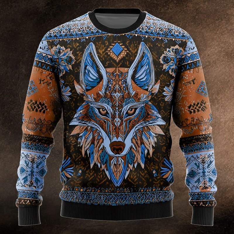 Men's Animal Wolf Viking Pullover Sweater Jumper Knitwear Crewneck Retro Vintage Casual Vacation Daily 3D Print Knitting Keep Warm Long Sleeve Spring Fall Winter Blue Brown Green2