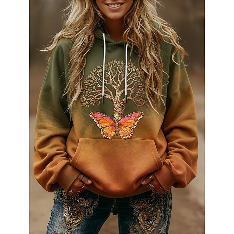 Women's Pullover Hoodies Graphic Vintage Streetwear Casual Long Sleeve Hooded Regular Tops Dailywear Casual Sports Drawstring Pocket Print Green Spring Fall