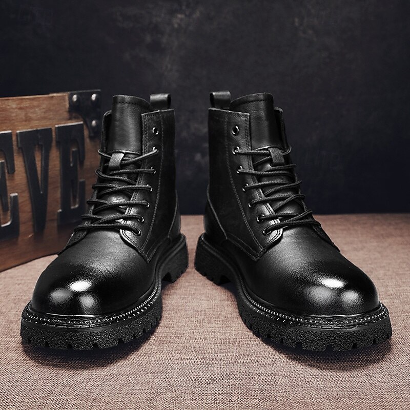 Black Faux Leather Men's Lace-Up Boots with Rounded Toe, Metal Button Detail, and Heavy-Duty Sole – A Must-Have for Motorcycle Riders, Rock Lovers, Casual Fashion and Street Style2