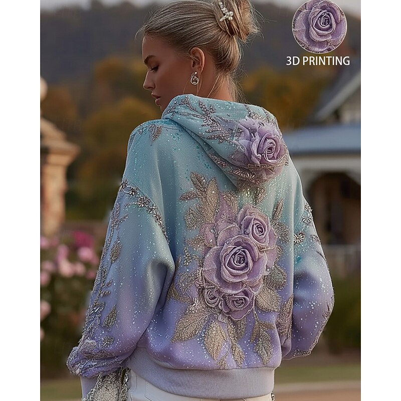 Women's Pullover Hoodies Floral Fashion Streetwear Casual Long Sleeve Hooded Regular Tops Dailywear Casual Sports Drawstring Pocket Print Blue Spring Fall2