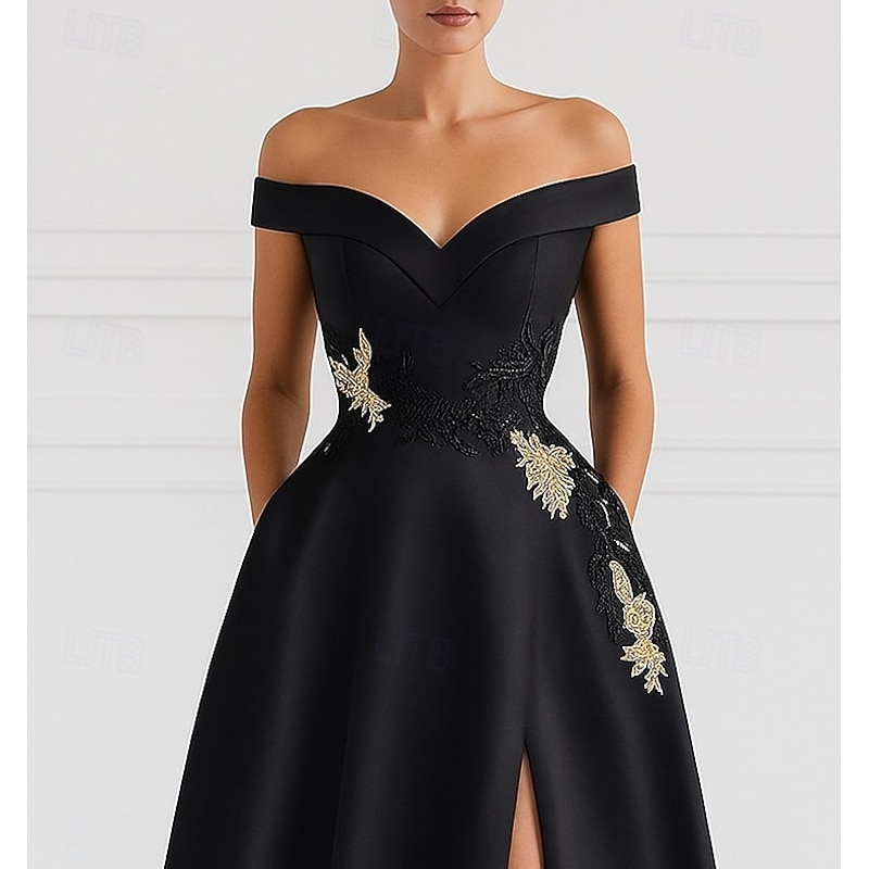 Black A-Line Evening Gown Elegant Formal Dress Formal Wedding Floor Length Short Sleeve Off Shoulder Pocket Satin with Bow(s) 20254