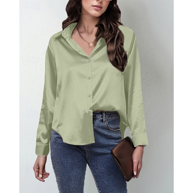 Women's Shirt Elegant Dressy Satin Solid Color Stylish Casual Long Sleeve Shirt Collar Regular Tops Daily Going out Buttons Light Green Pink Blue Camel Green Spring Fall2