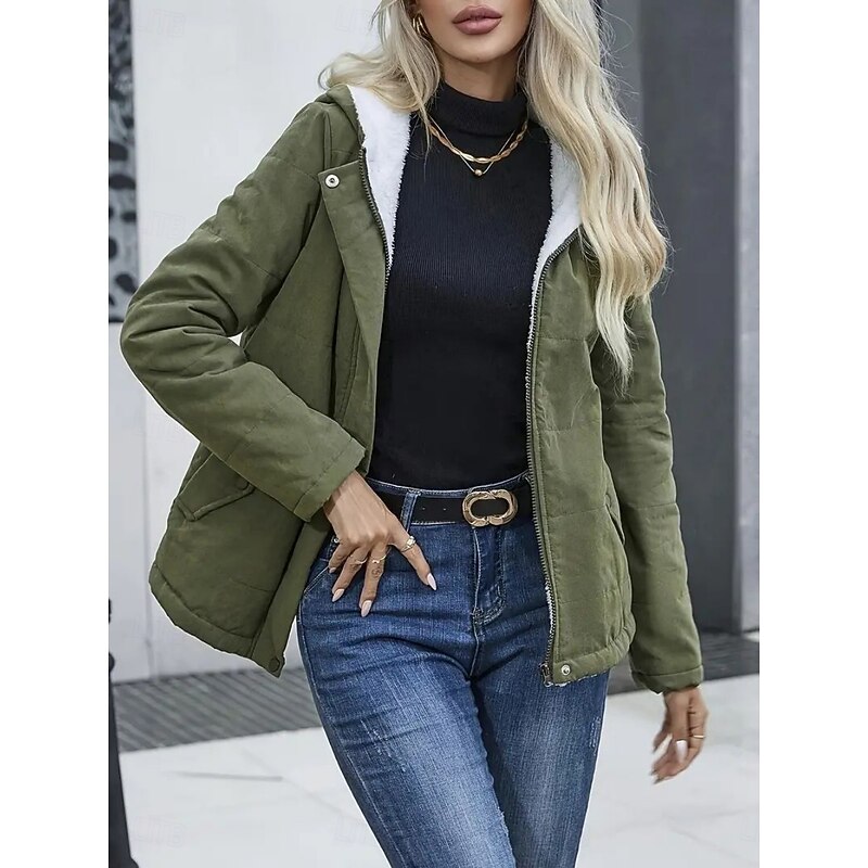 Women's Winter Coat Fleece Jacket Comfortable Breathable Pocket Casual Plain Vacation Street Casual Daily Wear Zipper Regular Hooded Regular Fit Long Sleeve Outerwear Black Blue Khaki Spring Fall