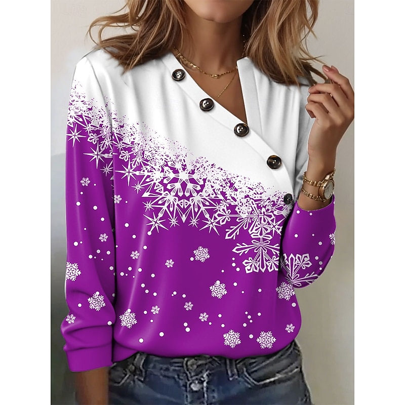 Christmas Women's T Shirt Geometric Snowflake Casual Short Sleeve Long Sleeve V Neck Regular Tops Daily Buttons Print Red Blue Purple Green Gray Summer Winter3