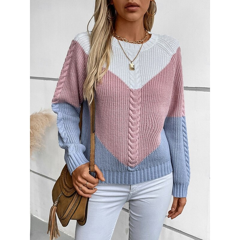 Women's Sweater Casual Soft Color Block Ribbed Crew Neck Knitted Long Sleeve Regular Tops Knit Outdoor Daily Weekend Pink Blue Fall Winter