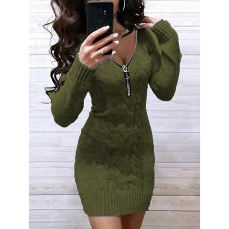 Women's Sweater Sweater Dress Casual Soft Pure Color Ribbed V Neck Zipper Knitted Long Sleeve Long Tops Knit Outdoor Party Daily Wine Army Green Fall Winter2