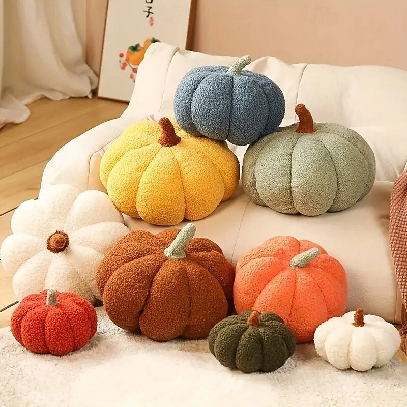Fall Pumpkin Plush Pillow Thanksgiving Polyester Filled Cushion, Soft Stuffed Animal for Halloween Home Decor, Birthday Gift, Cozy Holiday Decoration with Textured Surface