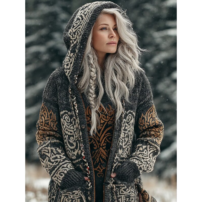 Viking Boho Women's Cardigan Vintage Daily Ethnic Style Geometric Color Gradient Ribbed Hooded Pocket Buttons Print Long Sleeve Long Tops Knit Outdoor Weekend Yellow Blue Fall Winter3