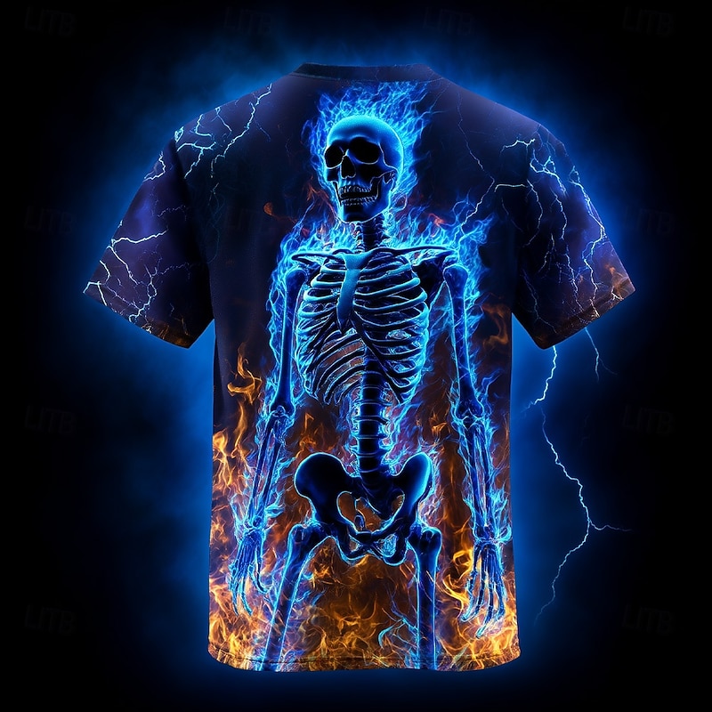 Halloween Men's Optical Illusion Hellfire Flames 3D Skeleton T Shirt Short Sleeve T shirt 3D Print Crew Neck Shirt Exaggerated Designer Horror Party Street Holiday Blue Orange Orange 2 Summer Spring