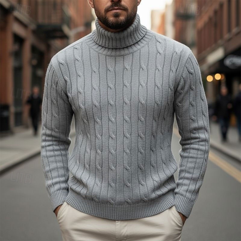 Men's Pullover Sweater Jumper Knit Sweater Ribbed Cable Knit Regular Tops Knitted Plain Turtleneck Fashion Casual Vacation Daily Wear Clothing Apparel Fall & Winter Camel Wine M L XL
