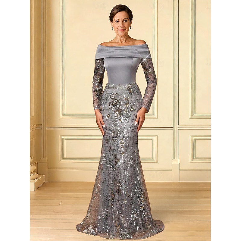 Mermaid / Trumpet Evening Gown Elegant Formal Dress Formal Wedding Sweep / Brush Train Long Sleeve Off Shoulder Satin with Glitter 2025