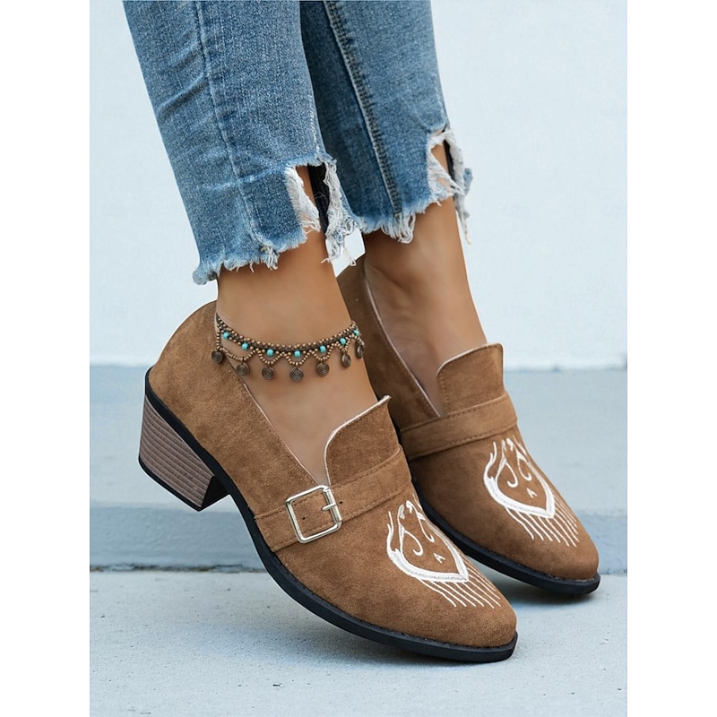 Women's Brown Embroidered Chunky Heel Shoes with Buckle Strap – Western Style Shoes for Casual Outfits and Festivals3