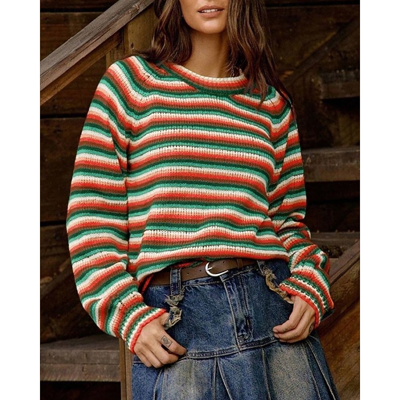 Women's Sweater Pullover Fashion Casual Striped Ribbed Crew Neck Knitted Long Sleeve Regular Tops Knit Outdoor Daily Weekend Green Fall Winter