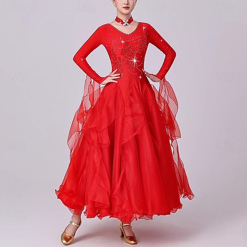 Ballroom Dance Dress Crystals / Rhinestones Women's Performance Party Long Sleeve Modern Waltz Competition Dance Costumes