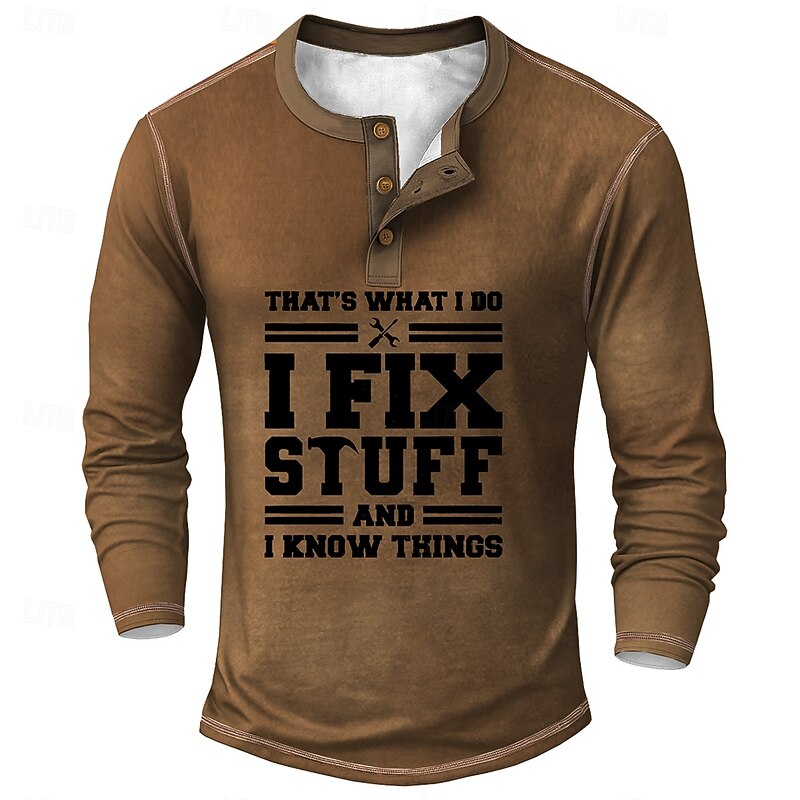 Men's Funny slogans Henley Shirt Tee Long Sleeve Vintage Fashion Designer Outdoor Casual Daily Spring Spring &  Fall Army Green Dark Brown Dark Gray Black Navy Blue Henley Henley T-Shirt