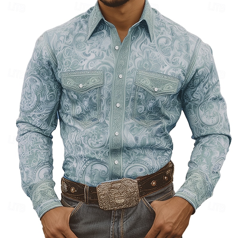Men's Intricate Floral Flowers Shirt Western Shirt Cowboy Shirt Long Sleeve Vintage Retro Outdoor Casual WorkWear Spring Fall Turndown Front Two Pockets Linen Like Shirt Button Up Shirts Blue Light3