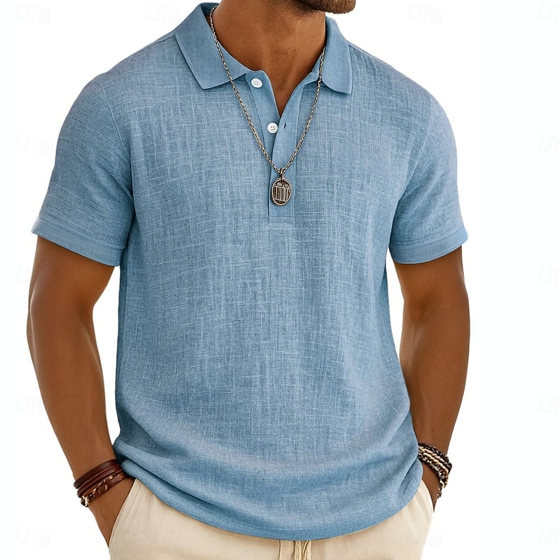 Men's Linen Shirt Polo Shirts Vacation Casual Classic Short Sleeve Fashion Solid Color Buttons Summer Spring Regular Fit Black White Light Green Gray Navy Blue Khaki Linen Shirt2