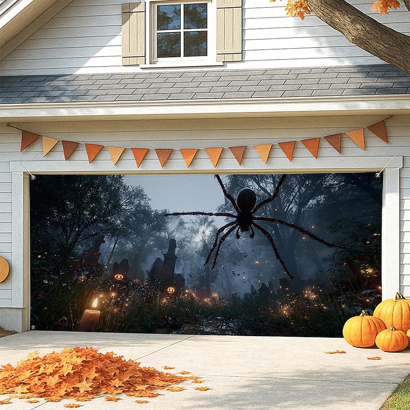 Halloween Garage Door Cover Large Hanging Backdrop Spider Cemetery 3D Print Dark Punk Gothic Style Party Outdoor Shooting Backgrounds Yard Haunted House Home Decor2