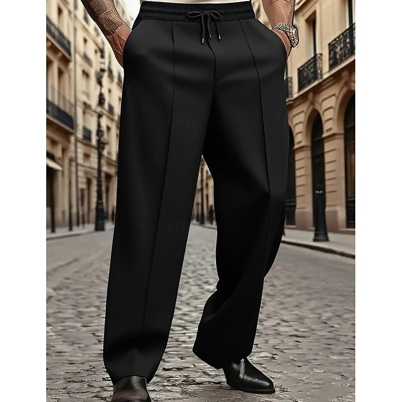 Men's Trousers Dress Pants Slacks Casual Pants Drawstring Pocket Elastic Waist Plain Comfort Breathable Full Length Outdoor Party Business Fashion Streetwear Black White Stretchy3
