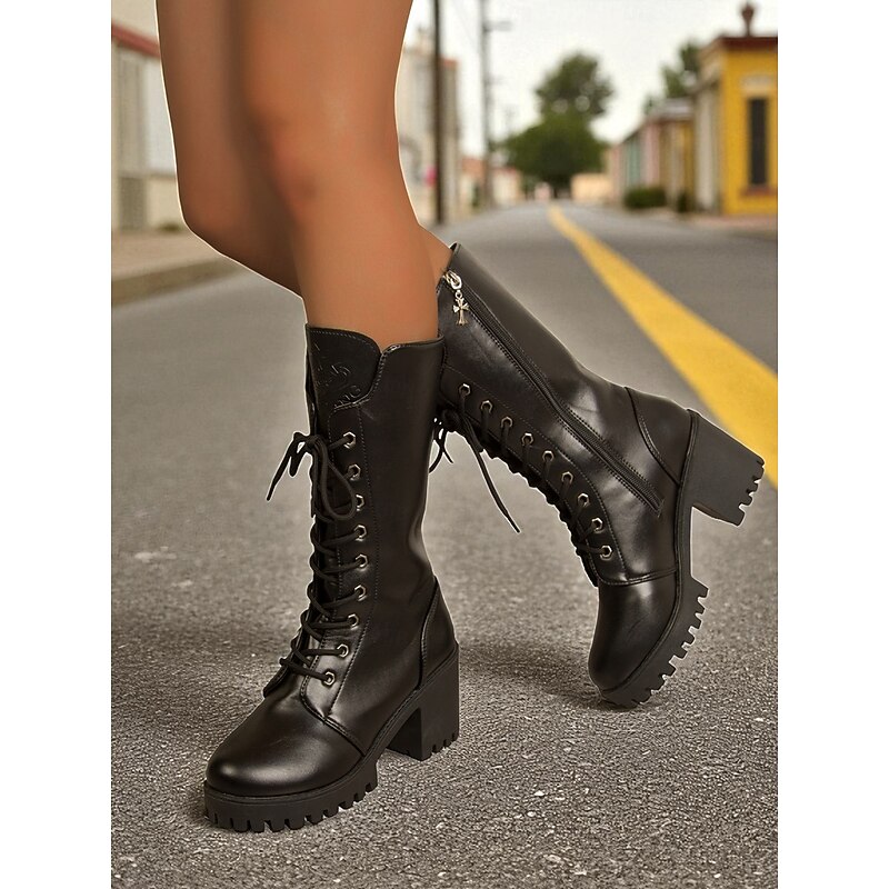 Women's Black Lace-Up Mid-Calf Boots, Chunky Heel Gothic Punk Style Boots for Casual, Night Out and Streetwear3