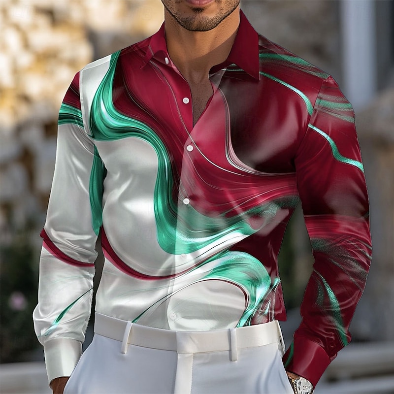 Men's Geometric Pattern Marble Abstract Liquid Art Shirt Satin Shirt Dress Shirt Long Sleeve Fashion Casual Vacation Dailywear Summer Spring Fall Turndown 3D Print Button Up Shirts Burgundy Blue4