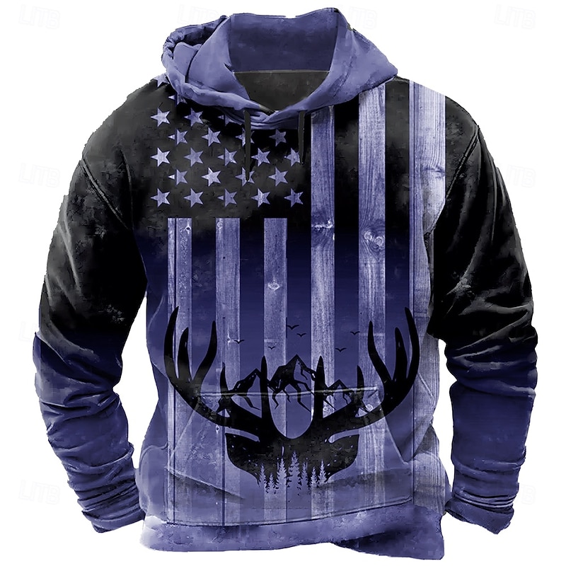 Men's American US Flag Deer Hoodie Sweatshirt Fashion Classic Crew Neck Outdoor Hunting Black Red Drawstring Fall Winter Designer3