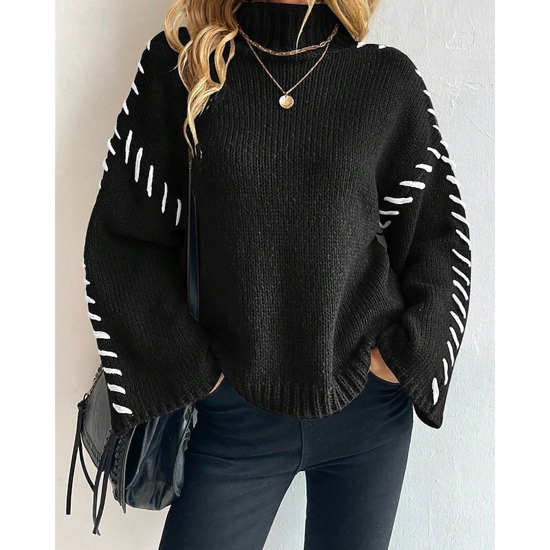 Women's Sweater Pullover Fashion Casual Pure Color Ribbed Turtleneck Knitted Long Sleeve Regular Tops Knit Outdoor Daily Weekend Black Fall Winter3