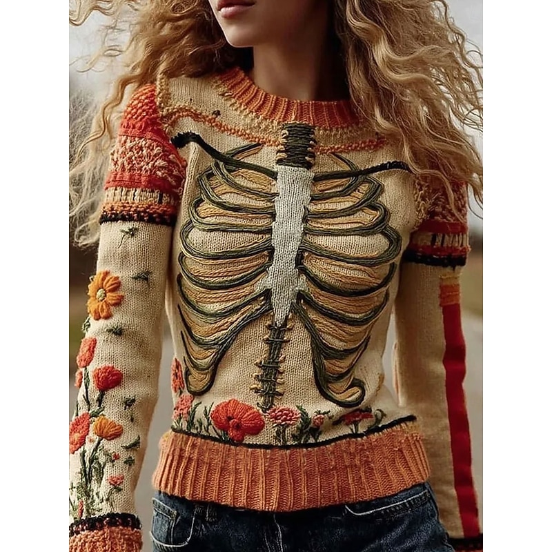 Halloween Women's Sweater Skeleton  Cute Streetwear Casual Graphic Skeleton Crew Neck Patchwork Knitted Long Sleeve Regular Tops KnitBeige Fall Winter