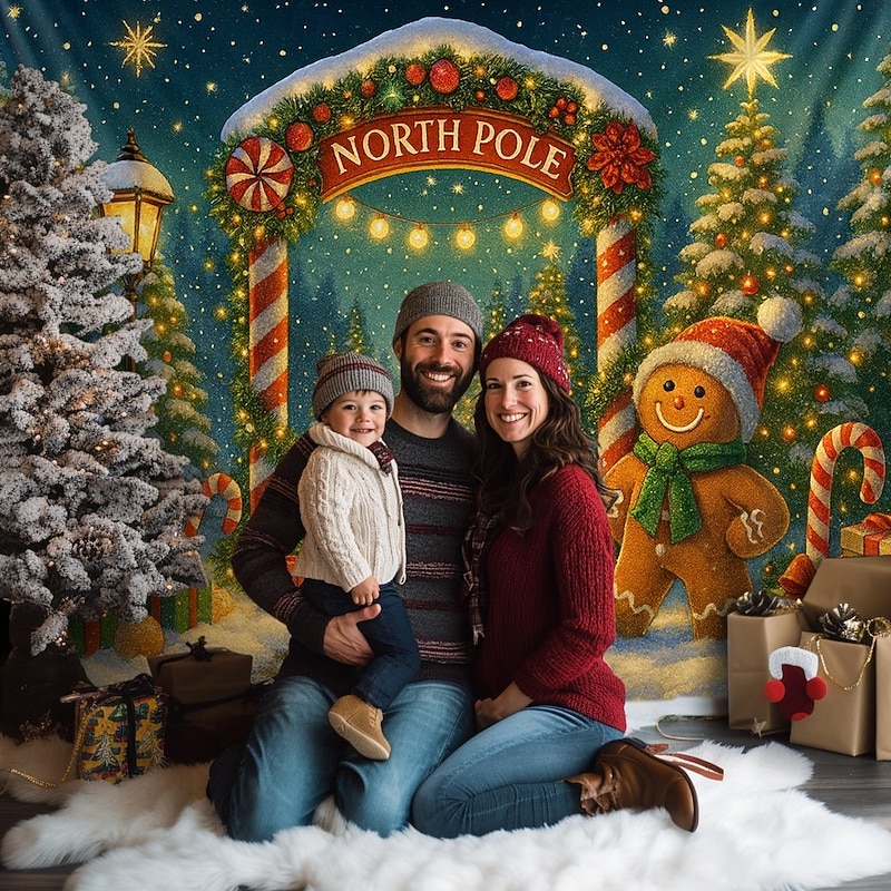 Christmas Wall Tapestry Backdrop, Santa's North Pole Photo Booth Design with Tree and Lights, 2025 Xmas Holiday Wall Hanging for Bedroom Living Room Party2