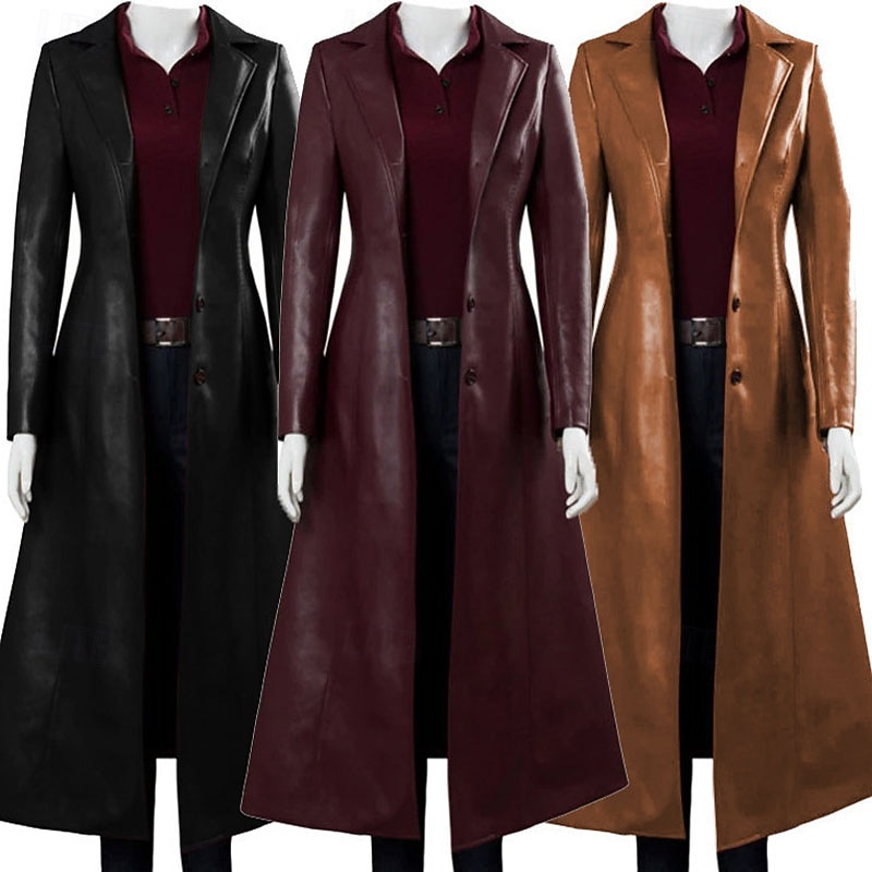 Women's Faux Leather Jacket Coat Warm Comfortable Pocket Buttons Casual Plain Vacation Street Daily Wear Going out Long Turndown Regular Fit Long Sleeve Outerwear Black Wine Blue Fall Winter