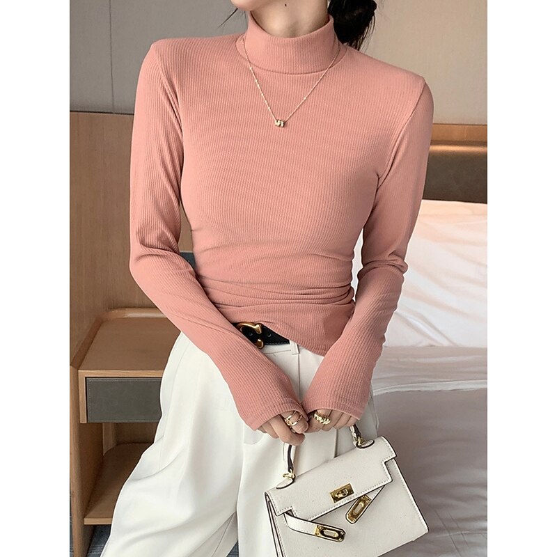 Women's Sweater Elegant Casual Soft Pure Color Ribbed Turtleneck Knitted Long Sleeve Regular Tops Knit Outdoor Daily Weekend Black White Fall Winter