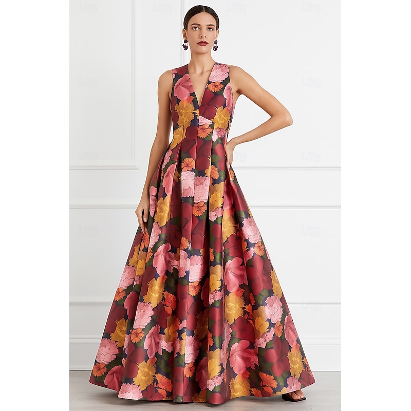 A-Line Evening Gown High Split Dress Beach Wedding Formal Wedding Guest Floor Length Sleeveless V Neck Pocket Satin with Floral Print Slit Pocket Race Day Dress Wedding Guest Dress