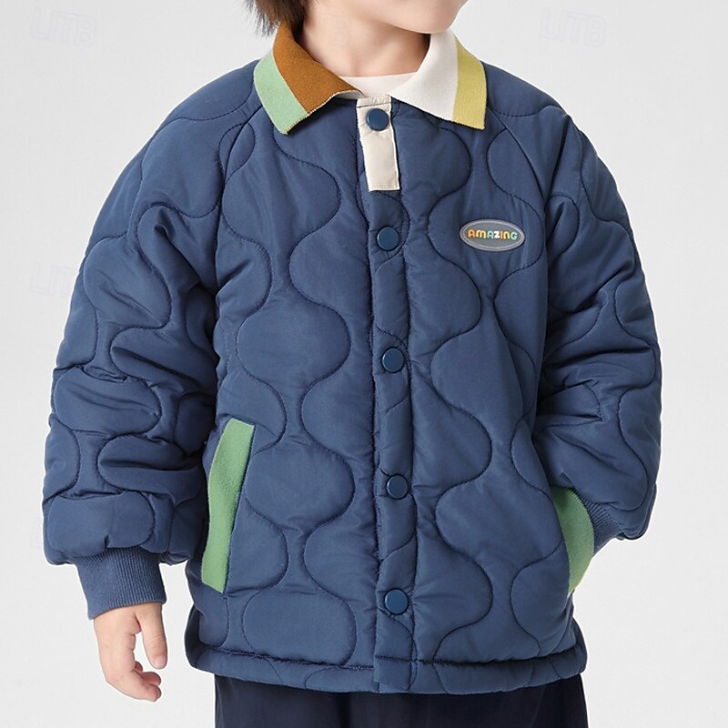Kids Unisex Down Jacket Puffer Jacket Outerwear Color Block Long Sleeve Pocket Comfort Buttons Soft Breathable Coat Outdoor Daily Basic White Blue Fall Winter 4 years+4