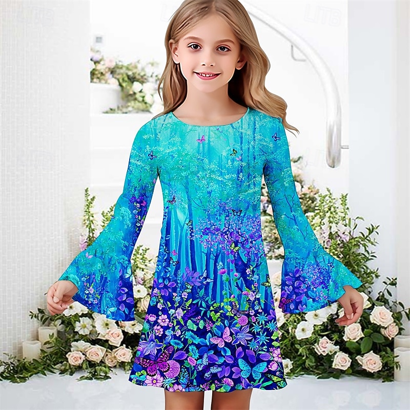Girls' 3D Butterfly Flower Dress Ruffle Dress Long Sleeve Summer Spring Vacation Daily Holiday Beautiful Sweet Kids 4-12 Years Casual Dress Knee-length Regular Fit