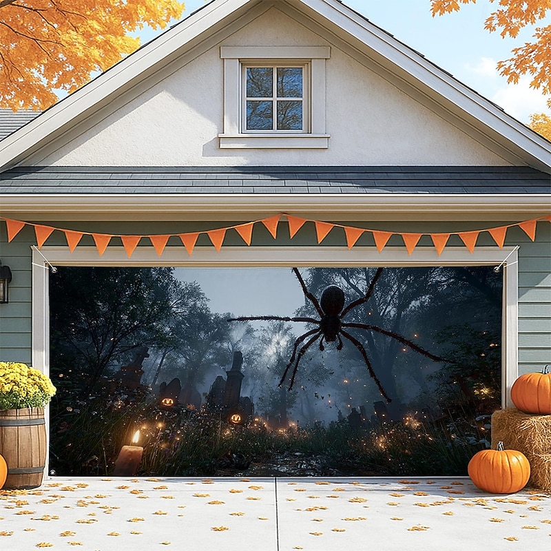 Halloween Garage Door Cover Large Hanging Backdrop Spider Cemetery 3D Print Dark Punk Gothic Style Party Outdoor Shooting Backgrounds Yard Haunted House Home Decor