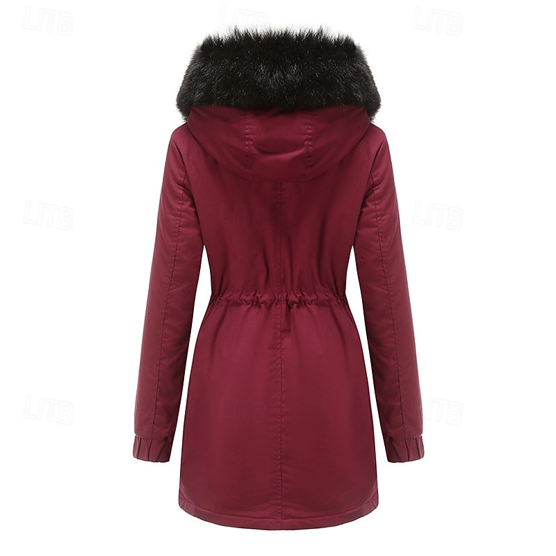 Women's Parka Warm Comfortable Zipper Pocket With Belt Casual Solid Color Vacation Street Casual Daily Wear Long Hooded Loose Fit Long Sleeve Outerwear Navy Black Wine Fall Winter4