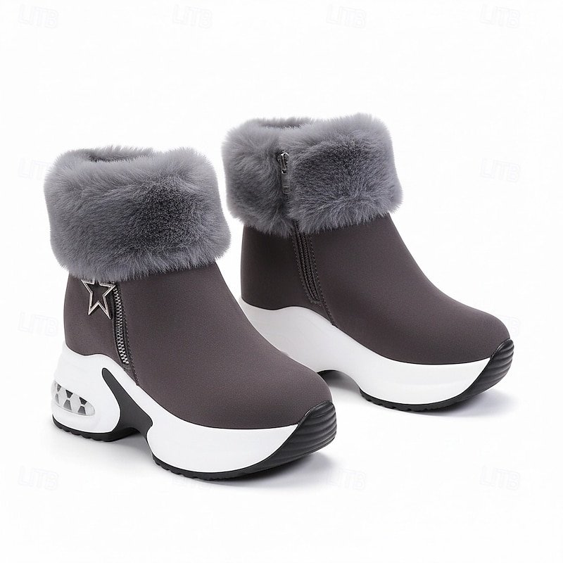 Women's Beige Faux Fur Lined Platform Ankle Boots with Wedge Heels - Warm and Stylish Winter Footwear 8