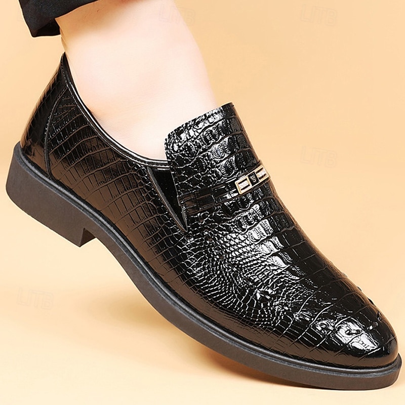 Men's Black Crocodile Pattern Loafers – Faux Leather Slip-On Dress Shoes with Glossy Finish, Elegant Business and Formal Party Footwear2