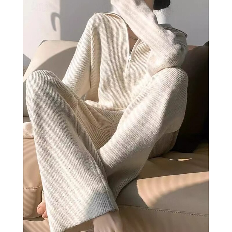 Women's Sweater Sweater Co-ords Pullover Streetwear Casual Solid Color Shirt Collar Zipper Knitted Long Sleeve Regular Tops Knit Daily Going out Weekend Black Apricot Fall Winter