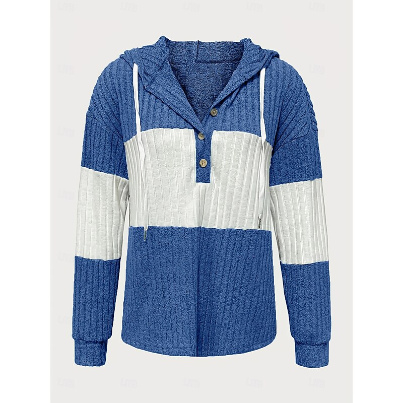 Women's Pullover Hoodie Sweatshirt Striped Elegant Casual Long Sleeve Hooded Regular Tops Holiday Buttons Black Red Blue Khaki Summer Fall
