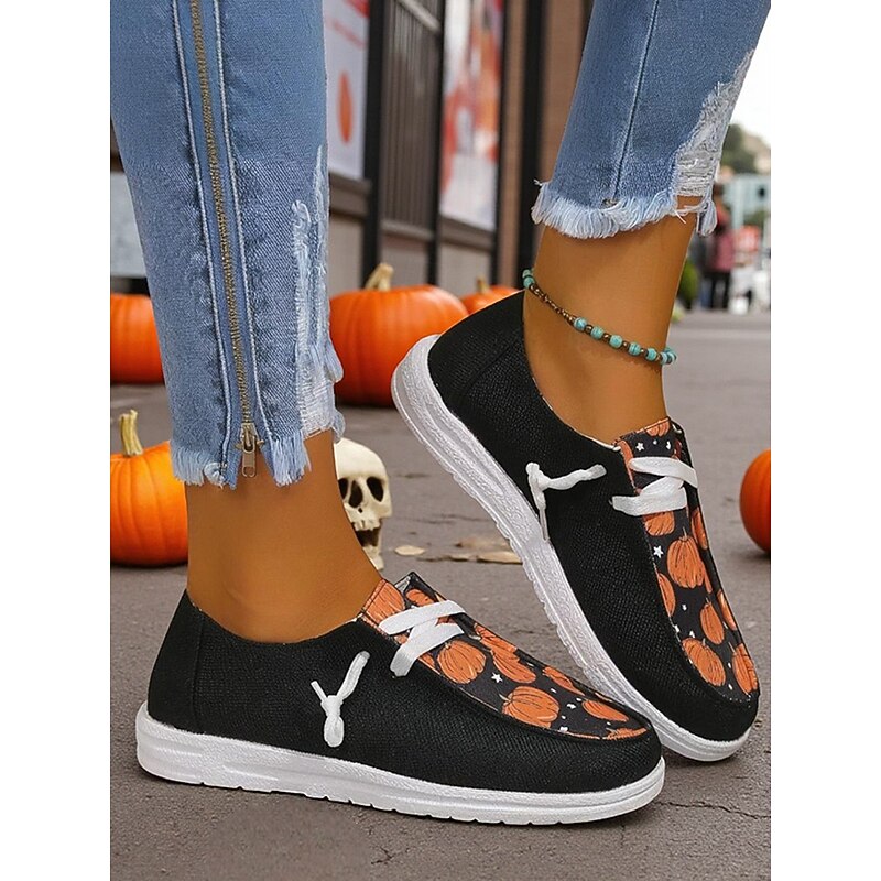Women's Halloween Pumpkin Loafers – Comfortable Slip-On Casual Shoes with Lace-Up Design for Fall Festival, Streetwear and Holiday Party