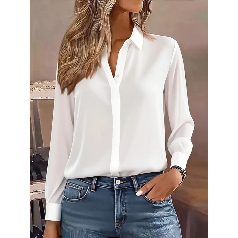 Women's Blouse Plain Elegant Daily Stylish Long Sleeve V Neck Regular Tops Buttons Black White Fall
