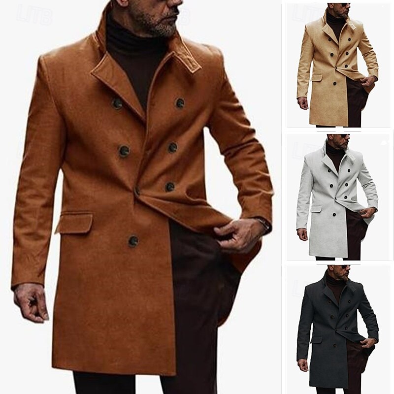 Men's Overcoat Peacoat Long Trench Coat Trench Coat Casual Fall Winter Polyester Outerwear Clothing Apparel Classic Solid Color Notched Double Breasted
