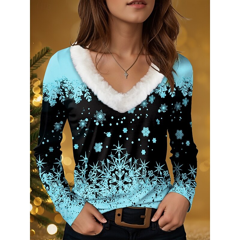 Women's T Shirt Graphic Snowflake Vintage Stylish Casual Long Sleeve V Neck Regular Tops Daily Patchwork Print White Pink Blue Green Fall Winter3