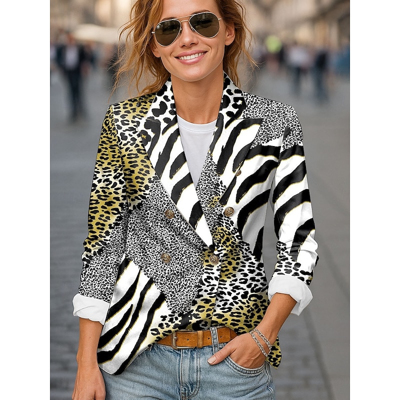 Women's Blazer Comfortable Breathable Buttons Print Fashion Casual Leopard Office Street Casual Daily Wear Double Breasted Regular Notch Lapel Regular Fit Long Sleeve Outerwear Black Yellow Red2