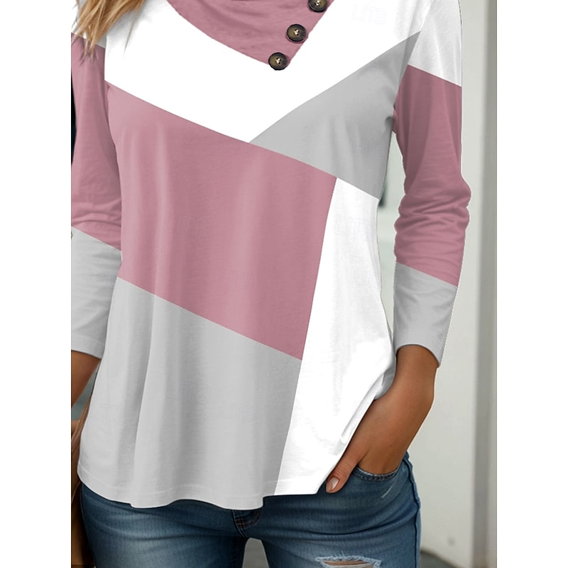 Women's Tunic Graphic Geometric Geometry Stylish Casual Long Sleeve Cowl Neck V Neck Regular Tops Daily Buttons Print Pink Sky Blue Khaki Spring Fall Winter3