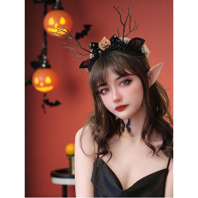 Women's Halloween Deer Antler Headband - Gothic Black Lace Hair Accessory with Pumpkin and Cat Ears for Costume Party and Cosplay